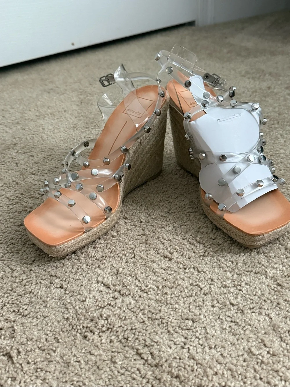 Dolce Vita Macton Clear Studded Espadrille Wedge Sandal - Silver Accents